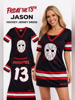 Black Hockey Jersey Style Tee with White Mask Graphic and Red Accents